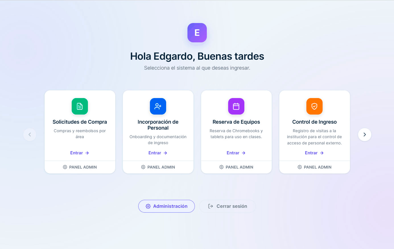 Launchpad de Enaulix: saludo al usuario y tarjetas de los sistemas disponibles según su rol.